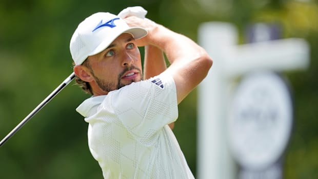 Marco Penge tees off on the third hole during the third round of the PGA Championship golf tournament at Quail Hollow. 