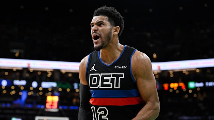 Dec 12, 2024; Boston, Massachusetts, USA; Detroit Pistons forward Tobias Harris (12) reacts to game action against the Boston Celtics during the first half at TD Garden. Mandatory Credit: Eric Canha-Imagn Images