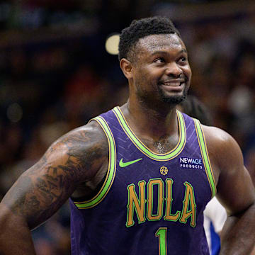 Mar 17, 2025; New Orleans, Louisiana, USA;  New Orleans Pelicans forward Zion Williamson (1) reacts during the first half against the Detroit Pistons at Smoothie King Center. Mandatory Credit: Matthew Hinton-Imagn Images