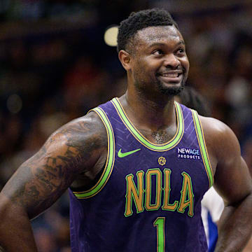 Mar 17, 2025; New Orleans, Louisiana, USA;  New Orleans Pelicans forward Zion Williamson (1) reacts during the first half against the Detroit Pistons at Smoothie King Center. Mandatory Credit: Matthew Hinton-Imagn Images