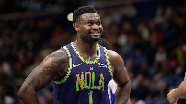 New Orleans Pelicans forward Zion Williamson (1) reacts during the first half against the Detroit Pistons
