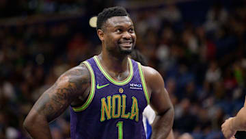 Mar 17, 2025; New Orleans, Louisiana, USA;  New Orleans Pelicans forward Zion Williamson (1) reacts during the first half against the Detroit Pistons at Smoothie King Center. Mandatory Credit: Matthew Hinton-Imagn Images