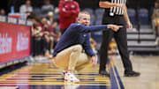 Nov 17, 2025; Morgantown, West Virginia, USA; West Virginia Mountaineers head coach Ross Hodge yells from the sideline during the second half against the Lafayette Leopards at WVU Coliseum. Mandatory Credit: Ben Queen-Imagn Images