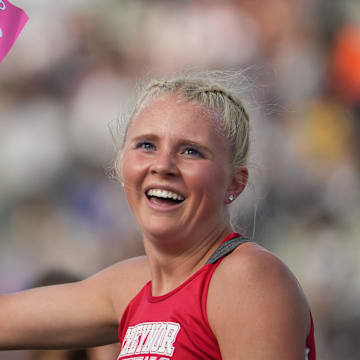 Treynor senior Clara Teigland set a new state record en route to a fist place finish in the Class 2A 400-meter hurdle event during the Iowa High School state track and field championships at Drake Stadium in Des Moines on Friday, May 19, 2023.