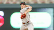 Sep 12, 2025; Minneapolis, Minnesota, USA; Arizona Diamondbacks starting pitcher Brandon Pfaadt (32) pitches to Minnesota Twins left fielder Austin Martin (16) in the first inning at Target Field. Mandatory Credit: Matt Blewett-Imagn Images