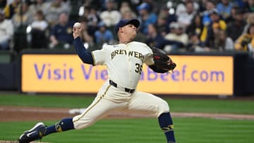 Apr 28, 2024; Milwaukee, Wisconsin, USA; Milwaukee Brewers pitcher Tobias Myers (36) delivers a