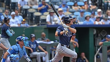 Tampa Bay Rays left fielder Jake Mangum (28) hits a RBI triple in the fourth inning against the Kansas City Royals at Kauffman Stadium. 
