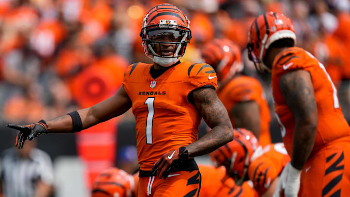 Sep 8, 2024; Cincinnati, Ohio, USA; Cincinnati Bengals wide receiver Ja'Marr Chase (1) lines up before a snap in the first quarter of the NFL Week 1 game between the Cincinnati Bengals and the New England Patriots at Paycor Stadium. Mandatory Credit: Sam Greene/USA TODAY Network via Imagn Images