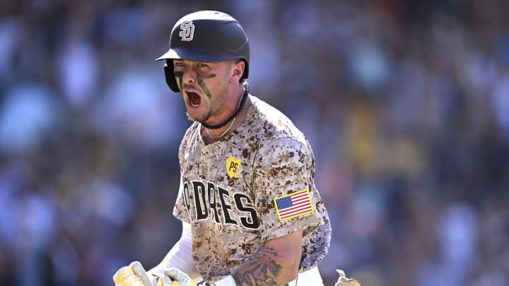 Aug 25, 2024; San Diego, California, USA; San Diego Padres center fielder Jackson Merrill (3) celebrates on the field after hitting a walk-off home run against the New York Mets the at Petco Park. Mandatory Credit: Orlando Ramirez-USA TODAY Sports