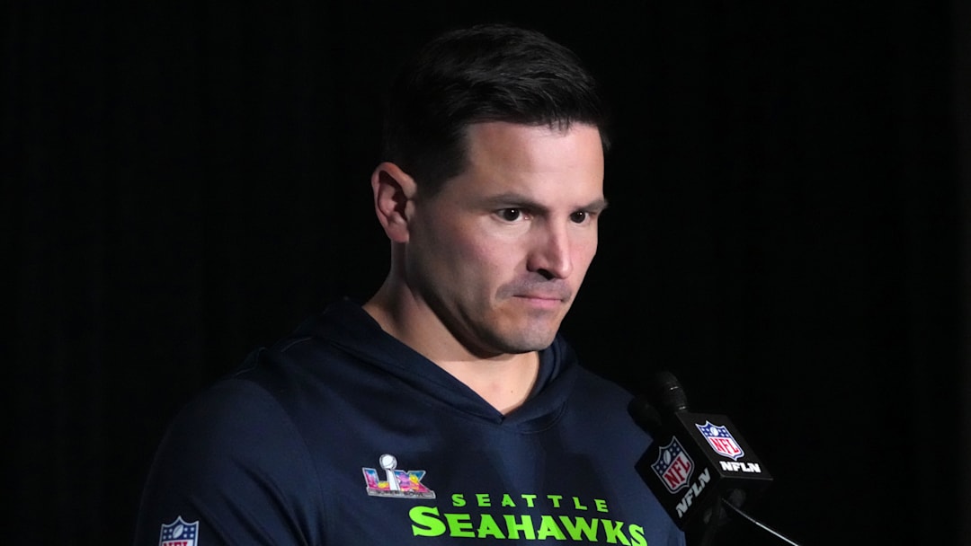 Feb 3, 2026; San Jose, CA, USA; Seattle Seahawks head coach Mike MacDonald speaks to the media at Super Bowl LX press conference at the San Jose Convention Center.