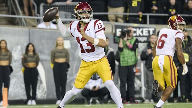 Nov 11, 2023; Eugene, Oregon, USA; USC Trojans quarterback Caleb Williams (13) throws a pass during the first half against th