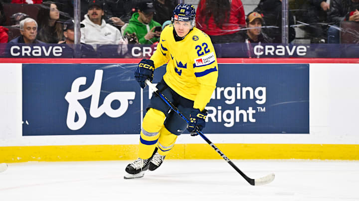 Buffalo Sabres forward prospect Anton Wahlberg while playing for Sweden at the 2025 IIHF World Junior Championship