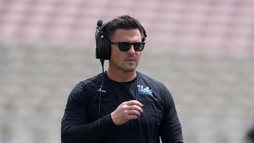 May 2, 2026; Pasadena, CA, USA; UCLA Bruins coach Bob Chesney reacts during the spring game at Rose Bowl. Mandatory Credit: Kirby Lee-Imagn Images