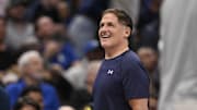 Apr 11, 2025; Dallas, Texas, USA; Dallas Mavericks minority owner Mark Cuban looks on during the second half against the Toronto Raptors at the American Airlines Center. Mandatory Credit: Jerome Miron-Imagn Images