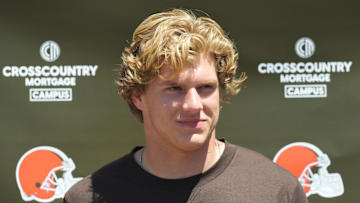 May 9, 2025; Berea, OH, USA; Cleveland Browns linebacker Carson Schwesinger (49) talks to the media during rookie camp at CrossCountry Mortgage Campus. Mandatory Credit: Ken Blaze-Imagn Images