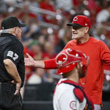 Sep 10, 2024; St. Louis, Missouri, USA;  Cincinnati Reds manager David Bell (25) is ejected by umpire Larry Vanover (27) during the sixth inning against the St. Louis Cardinals at Busch Stadium. Mandatory Credit: Jeff Curry-Imagn Images