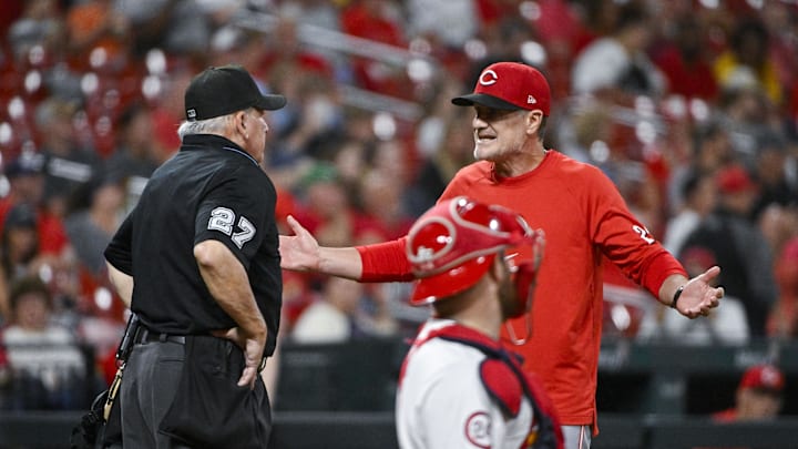 Sep 10, 2024; St. Louis, Missouri, USA;  Cincinnati Reds manager David Bell (25) is ejected by umpire Larry Vanover (27) during the sixth inning against the St. Louis Cardinals at Busch Stadium. Mandatory Credit: Jeff Curry-Imagn Images