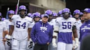 Oct 25, 2025; Morgantown, West Virginia, USA; Texas Christian University Horned Frogs head coach Sonny Dykes leads his team onto the field prior to their game against the West Virginia Mountaineers at Milan Puskar Stadium. Mandatory Credit: Ben Queen-Imagn Images
