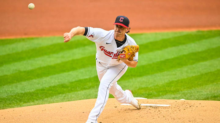 Oct 7, 2022; Cleveland, Ohio, USA; Cleveland Guardians starting pitcher Shane Bieber (57) throws a pitch against the Tampa Bay Rays in the first inning during game one of the Wild Card series for the 2022 MLB Playoffs at Progressive Field. Mandatory Credit: David Richard-Imagn Images