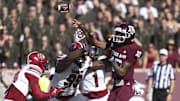 Nov 15, 2025; College Station, Texas, USA; Texas A&M Aggies quarterback Marcel Reed (10) passes the ball during the fourth quarter against the South Carolina Gamecocks at Kyle Field. Mandatory Credit: Troy Taormina-Imagn Images