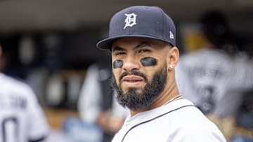Apr 26, 2025; Detroit, Michigan, USA; Detroit Tigers second base Gleyber Torres (25) walks around in the dugout before the game against the Baltimore Orioles during game one of a double header at Comerica Park.