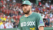 Boston Red Sox starting pitcher Garrett Crochet (35) against the Atlanta Braves at Fenway Park.