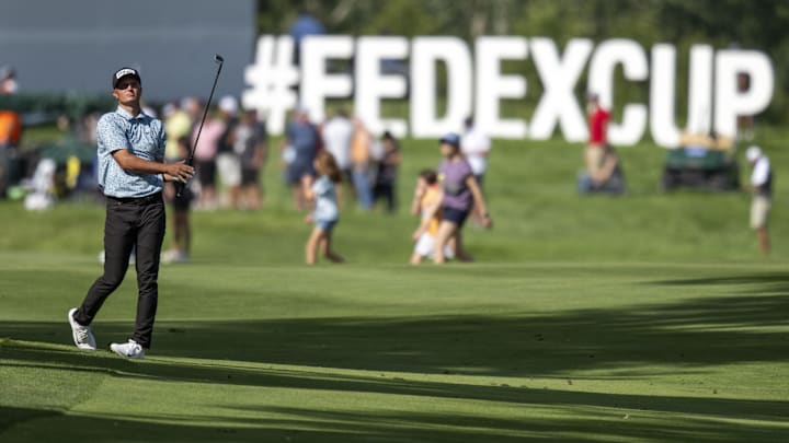 Jul 8, 2023; Silvis, Illinois, USA; William Mouw hits a fairway shot on the 18th hole during the third round of the John Deere Classic golf tournament. Mandatory Credit: Marc Lebryk-Imagn Images Jul 8, 2023; Silvis, Illinois, USA; William Mouw hits a fairway shot on the 18th hole during the third round of the John Deere Classic golf tournament. Mandatory Credit: Marc Lebryk-Imagn Images