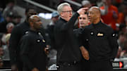 Mar 13, 2025; Indianapolis, IN, USA; Iowa Hawkeyes head coach Fran McCaffery gestures towards a referee during the second half against the Illinois Fighting Illini at Gainbridge Fieldhouse. McCaffery would receive his second technical foul and be ejected. Mandatory Credit: Robert Goddin-Imagn Images