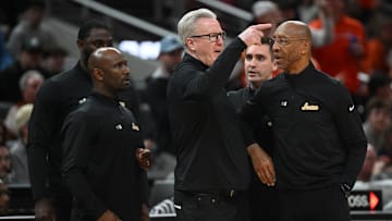 Mar 13, 2025; Indianapolis, IN, USA; Iowa Hawkeyes head coach Fran McCaffery gestures towards a referee during the second half against the Illinois Fighting Illini at Gainbridge Fieldhouse. McCaffery would receive his second technical foul and be ejected. Mandatory Credit: Robert Goddin-Imagn Images