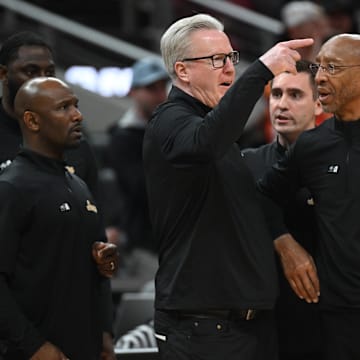 Mar 13, 2025; Indianapolis, IN, USA; Iowa Hawkeyes head coach Fran McCaffery gestures towards a referee during the second half against the Illinois Fighting Illini at Gainbridge Fieldhouse. McCaffery would receive his second technical foul and be ejected. Mandatory Credit: Robert Goddin-Imagn Images