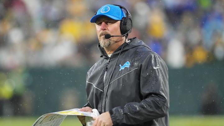 Nov 3, 2024; Green Bay, Wisconsin, USA;  Detroit Lions head coach Dan Campbell looks on between first and second quarters against the Green Bay Packersat Lambeau Field. Mandatory Credit: Jeff Hanisch-Imagn Images