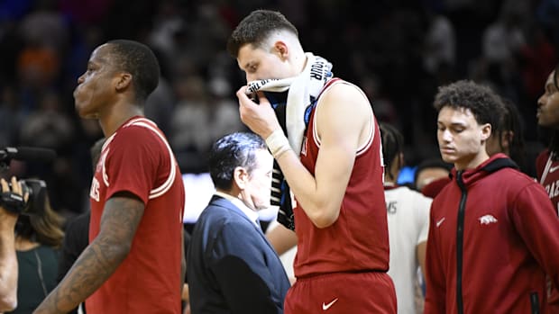 Arkansas Razorbacks guard Johnell Davis leaves the court at the Sweet 16, his final college basketball game