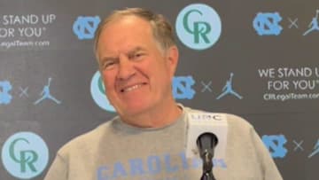 UNC football coach Bill Belichick speaks with media members inside the Kenan Football Center before the Tar Heels' first preseason practice on Aug. 2, 2025.