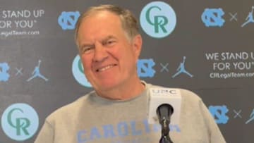 UNC football coach Bill Belichick speaks with media members inside the Kenan Football Center before the Tar Heels' first preseason practice on Aug. 2, 2025.