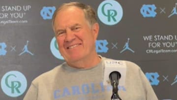UNC football coach Bill Belichick speaks with media members inside the Kenan Football Center before the Tar Heels' first preseason practice on Aug. 2, 2025.