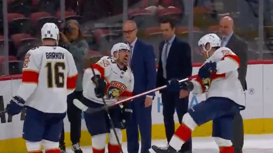 The Panthers' post-win tradition is now to shoot plastic rats as hard as they can at Brad Marchand.  | Screengrab Twitter @BR_OpenIce
