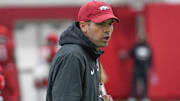 Arkansas Razorbacks wide receivers coach Ronnie Fouch during a spring practice indoors in Fayetteville, Ark.