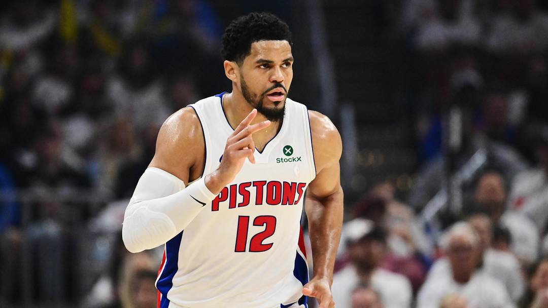 May 9, 2026; Cleveland, Ohio, USA; Detroit Pistons forward Tobias Harris (12) celebrates after hitting a three point basket against the Cleveland Cavaliers during the second half of game three in the second round of the 2026 NBA Playoffs at Rocket Arena. Mandatory Credit: Ken Blaze-Imagn Images