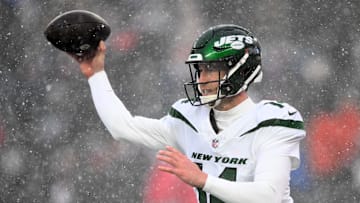 New York Jets quarterback Trevor Siemian throws the ball against the New England Patriots. Mandatory Credit: Brian Fluharty-Imagn Images