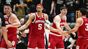 Indiana Hoosiers forward Malik Reneau (5) celebrates with Indiana Hoosiers guard Anthony Leal (3) during a timeout during the first half against the Purdue Boilermakers at Mackey Arena.