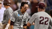 Jun 9, 2024; College Station, TX, USA; Texas A&M infielder Kaeden Kent (3) hits a grand slam in the top of the seventh inning against Oregon at Olsen Field, Blue Bell Park Mandatory Credit: Maria Lysaker-Imagn Images