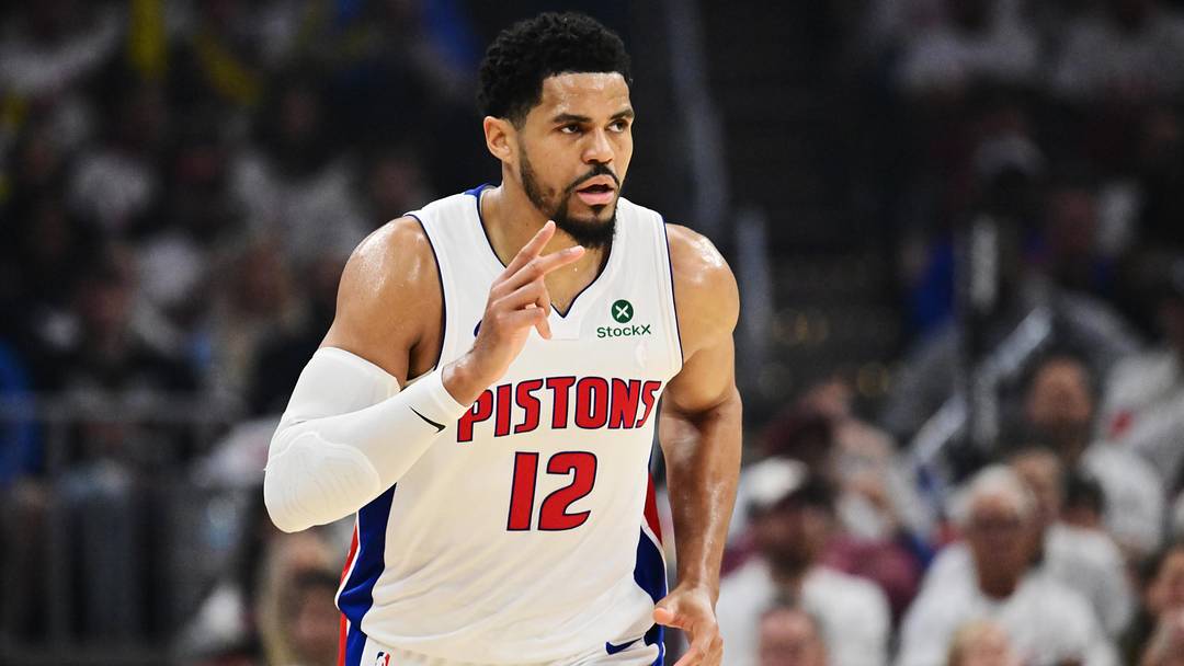 May 9, 2026; Cleveland, Ohio, USA; Detroit Pistons forward Tobias Harris (12) celebrates after hitting a three point basket against the Cleveland Cavaliers during the second half of game three in the second round of the 2026 NBA Playoffs at Rocket Arena. Mandatory Credit: Ken Blaze-Imagn Images