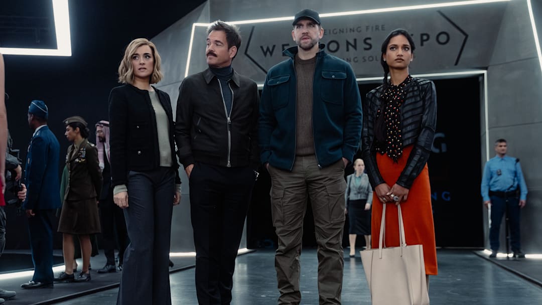 L-R Cote De Pablo as Ziva David, Michael Weatherly as Tony Dinozzo, Max Osinski as Boris and Amita Suman as Claudette In NCIS: Tony & Ziva, episode 8, season 1, airing on Paramount+ 2025. Photo Credit: Marcell Piti/Paramount+ L-R Cote De Pablo as Ziva David, Michael Weatherly as Tony Dinozzo, Max Osinski as Boris and Amita Suman as Claudette In NCIS: Tony & Ziva, episode 8, season 1, airing on Paramount+ 2025. Photo Credit: Marcell Piti/Paramount+