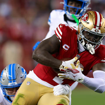 Dec 30, 2024; Santa Clara, California, USA; San Francisco 49ers wide receiver Deebo Samuel Sr. (1) during the game against the Detroit Lions at Levi's Stadium. Mandatory Credit: Sergio Estrada-Imagn Images