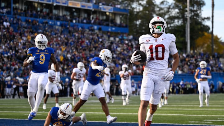 Stanford Cardinal wide receiver Emmett Mosley V (10) scores a touchdown against the San Jose State Spartans. Stanford Cardinal wide receiver Emmett Mosley V (10) scores a touchdown against the San Jose State Spartans.