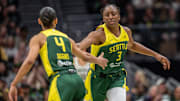 Jun 22, 2025; Seattle, Washington, USA;  Seattle Storm forward Nneka Ogwumike (3) and guard Skylar Diggins (4) celebrate during the second half against the New York Liberty at Climate Pledge Arena. Mandatory Credit: Stephen Brashear-Imagn Images