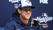 Oct 27, 2025; Los Angeles, California, USA; Toronto Blue Jays third baseman Ernie Clement (22) speaks in a press conference before game three of the 2025 MLB World Series against the Los Angeles Dodgers at Dodger Stadium