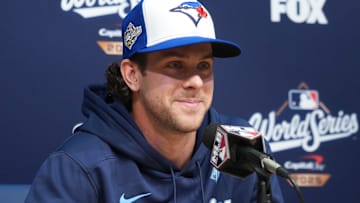 Oct 27, 2025; Los Angeles, California, USA; Toronto Blue Jays third baseman Ernie Clement (22) speaks in a press conference before game three of the 2025 MLB World Series against the Los Angeles Dodgers at Dodger Stadium