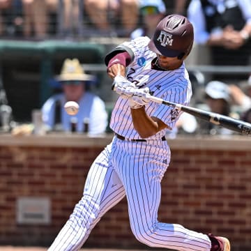 Jun 8, 2024; College Station, TX, USA; Texas A&M outfielder Jace LaViolette (17) at bat during the first inning against the Oregon at Olsen Field, Blue Bell Park Mandatory Credit: Maria Lysaker-USA TODAY Sports