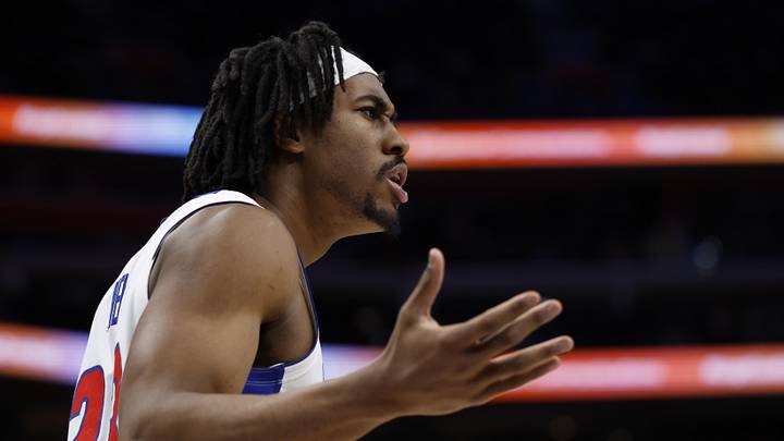 Detroit Pistons guard Jaden Ivey (23) reacts in the second half against the Charlotte Hornets at Little Caesars Arena on Dec 20, 2025.